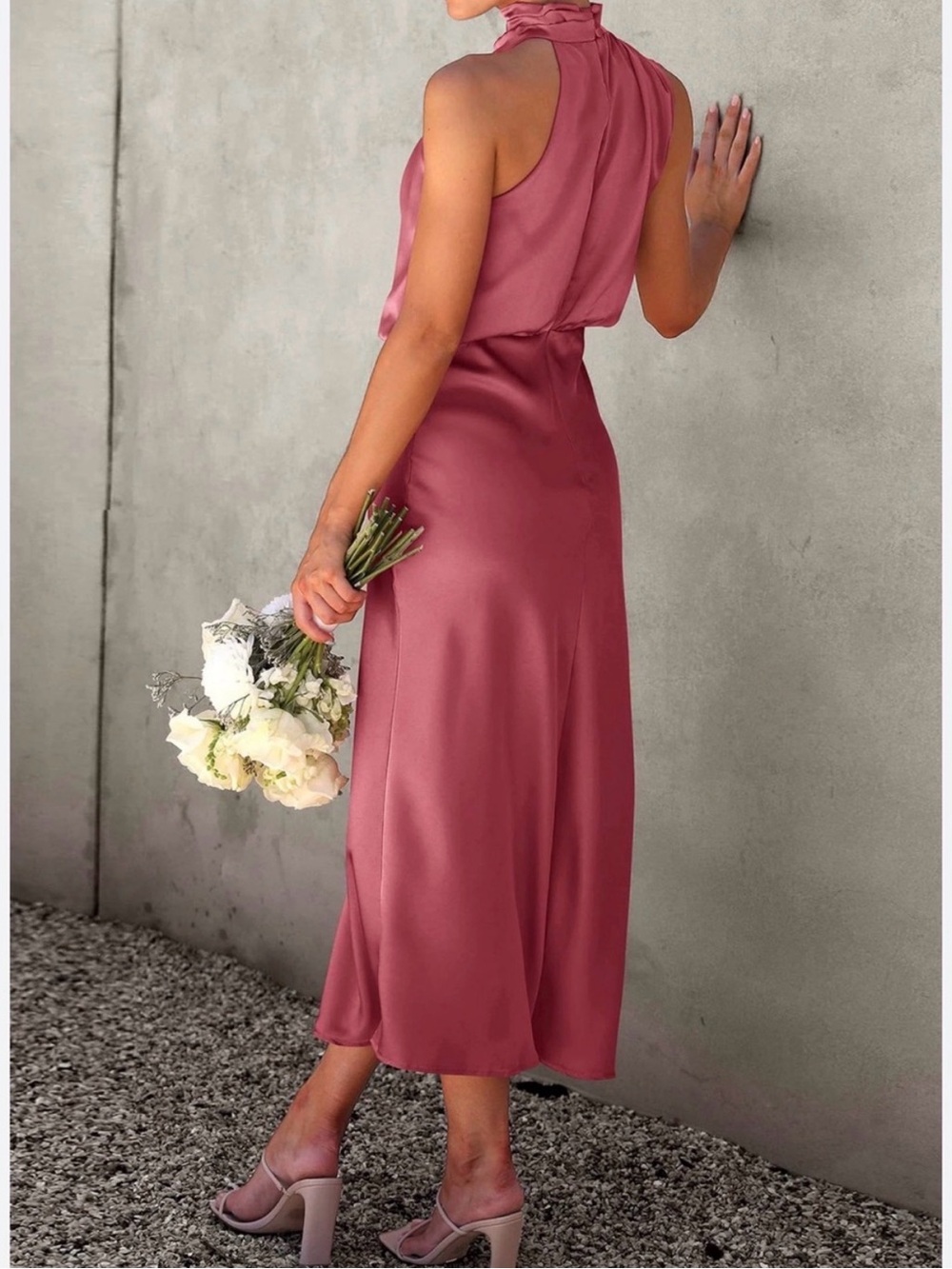 Pretty Garden High-Neck Sleeveless Satin Midi Dress in Dusty Mauve Sz S - Picture 2 of 8